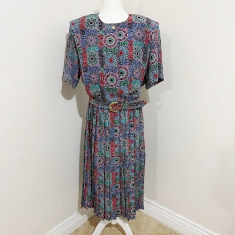 Vintage Leslie Fay Woman Belted Pleated Midi Secretary Dress Blue Geometric 20W